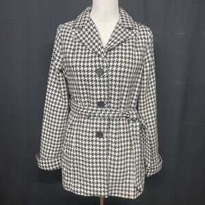Odyn Womens SM Coat Black White Houndstooth Jacket Wool Blend Retro Glam Classic